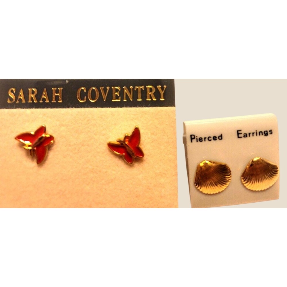 Sarah Coventry Earrings Vintage Red Butterfly Gold Shell Stud Set Pierced Gold